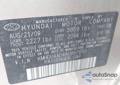 2010 Hyundai Elantra Gls z USA, uszkodzony, nr VIN KMHDU4AD4AU867650